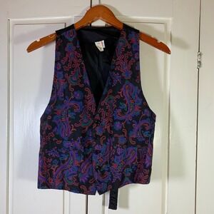 Vintage ILGWU Paisley Cotton Vest Black Purple Blue Button Front Cinch Back L